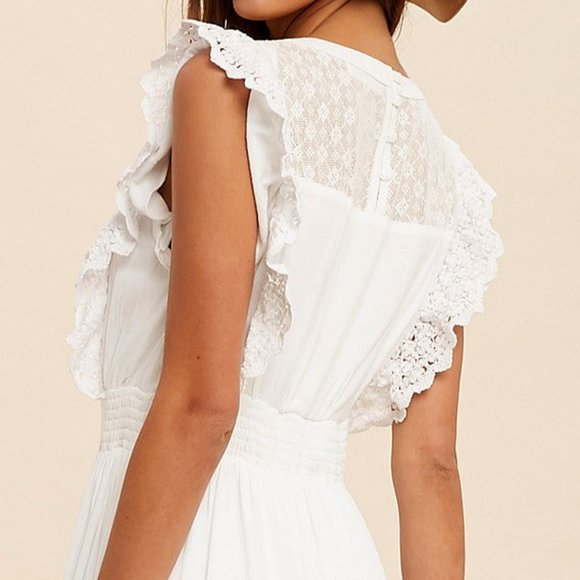 NEW Off White Romantic Lace Inset Ruffle Trim Yoke Smock Waist Midi Maxi Dress - Picture 6 of 10